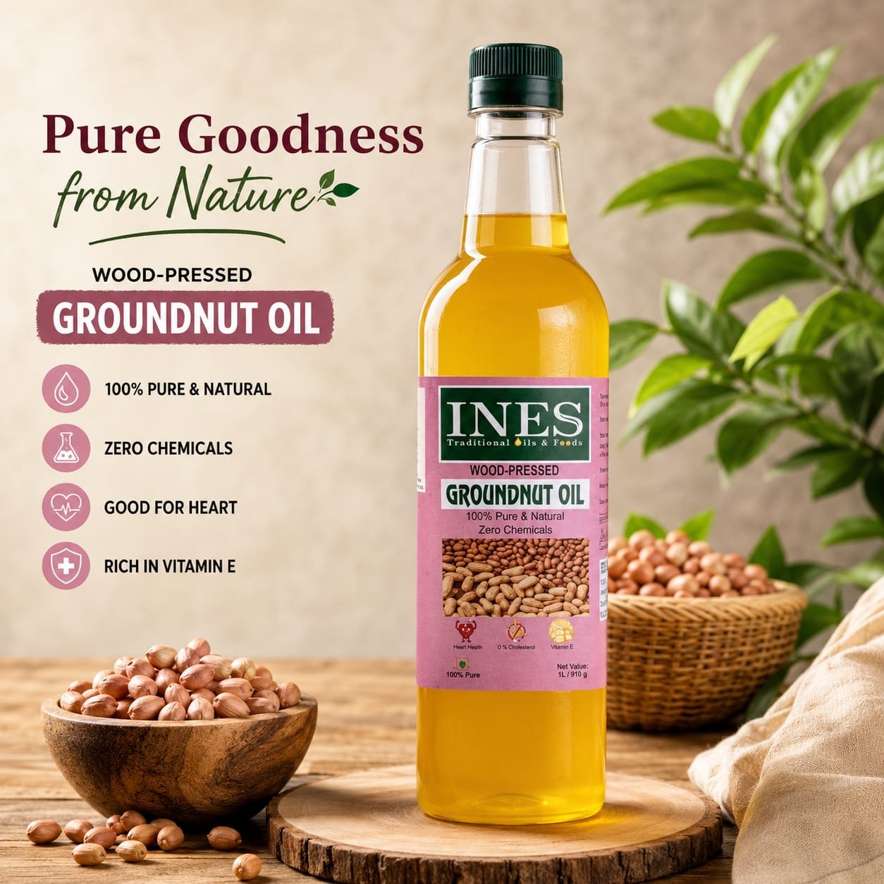 INES Wood-Pressed Groundnut Oil 1L bottle placed on a wooden surface with a bowl of raw peanuts, green leaves in the background, and text highlighting its natural and healthy benefits.