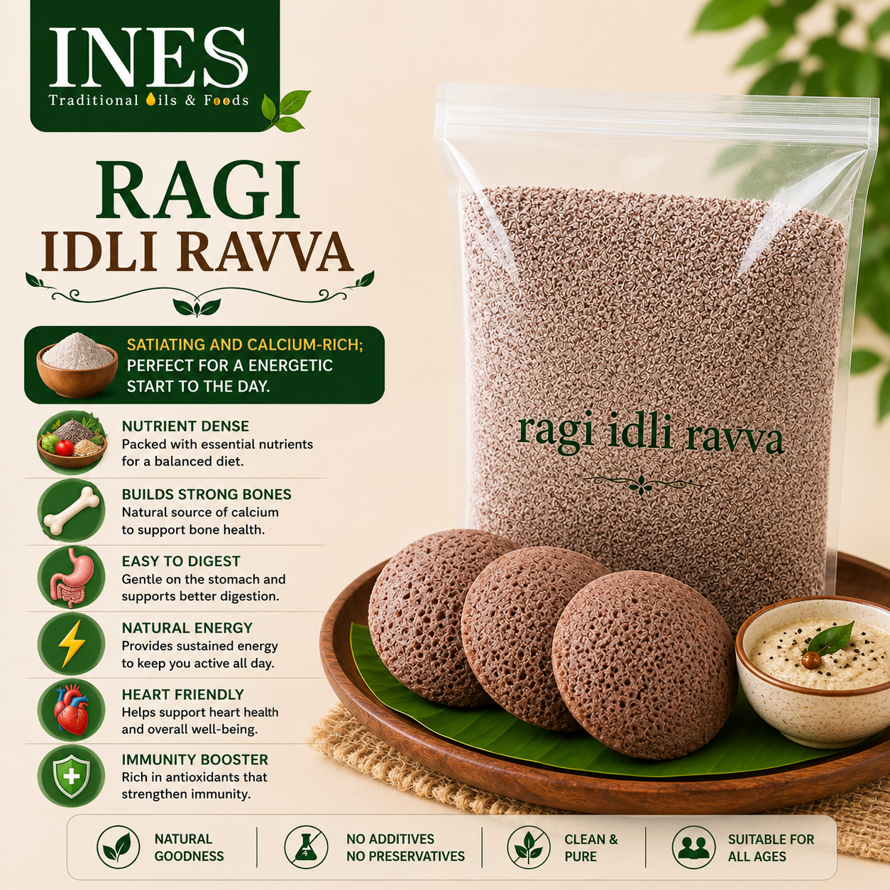 INES Ragi Idli Rava – Nutritious & Natural Finger Millet Semolina